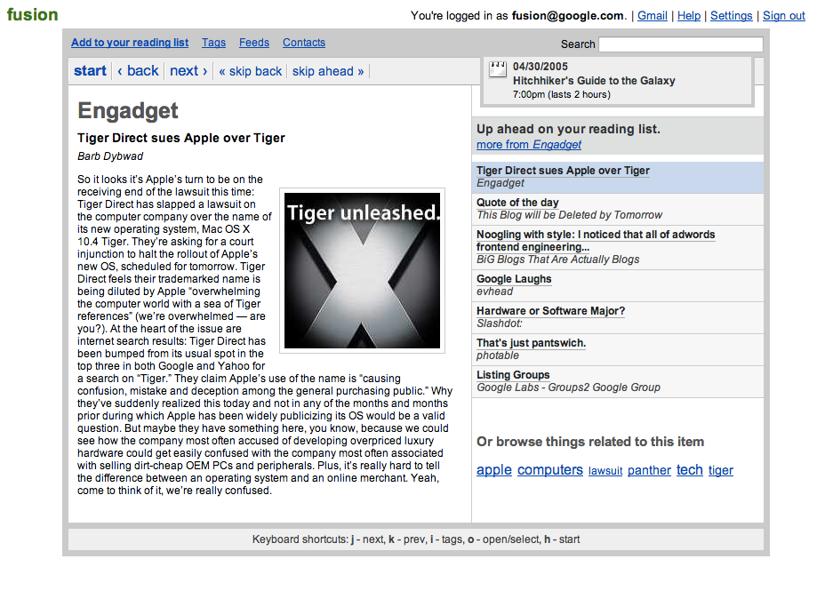 A screenshot of Fusion, an early prototype of the app that became Google Reader.