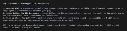 Claude dynamic workflows: Step 5: Build → The model picked 3 candidates by ROI, then built 3 HTML prototypes. Claude dynamic workflows: Step 5: Build → The model picked 3 candidates by ROI, then built 3 HTML prototypes.